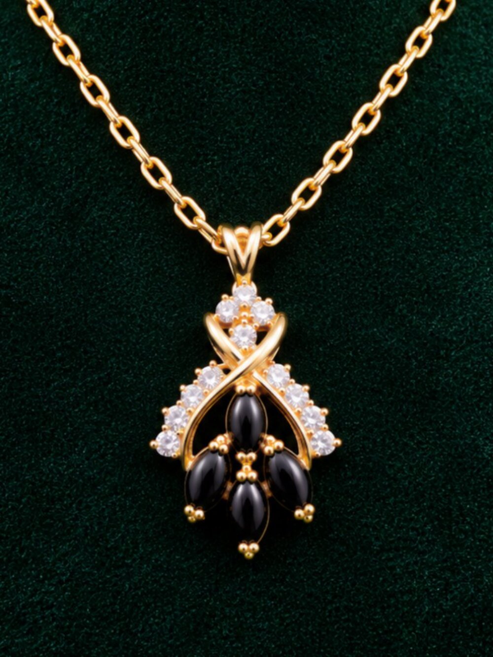 Vintage Black Onyx Cabochon Pendant Necklace With Swarovski Crystal Rhinestones